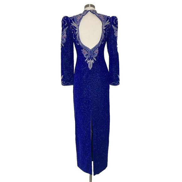 Vintage 1980s Cache Dress Women Size 6 Blue Silver Beaded Puff Sleeve Sequins - Picture 10 of 11